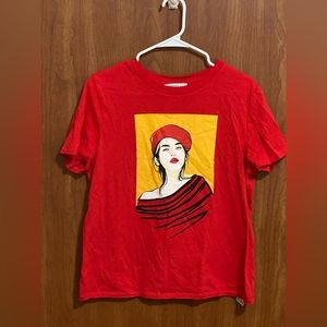 Stylish, red graphic t-shirt.